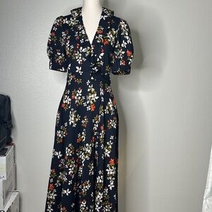 Jill JillStuart Floral Ruffle-Trim Midi Dress in Navy and Cream